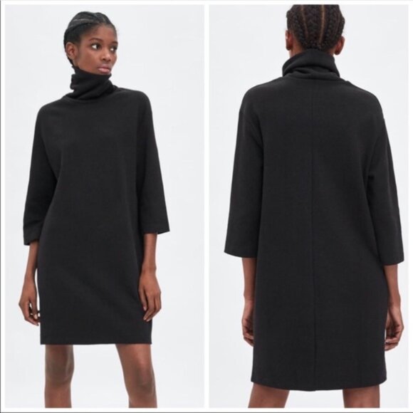 Zara Trafaluc 3/4 Sleeve Turtle Neck Mini Sweatshirt Dress In Black Size M EUC - Picture 1 of 12